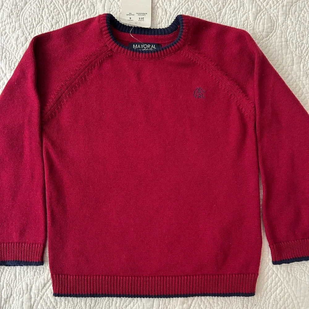 NWT Boys Mayoral Sweater in Cranberry Red/Navy trim Size 4. Round neck